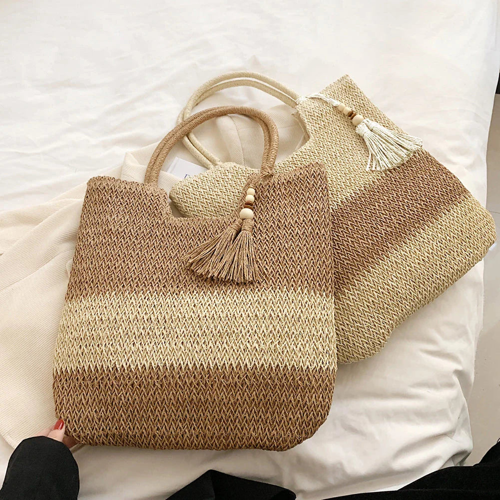 Boho Chic Summer Woven Tote Bag with Tassels - Eco-friendly and Spacious Design for Stylish Summer Adventures