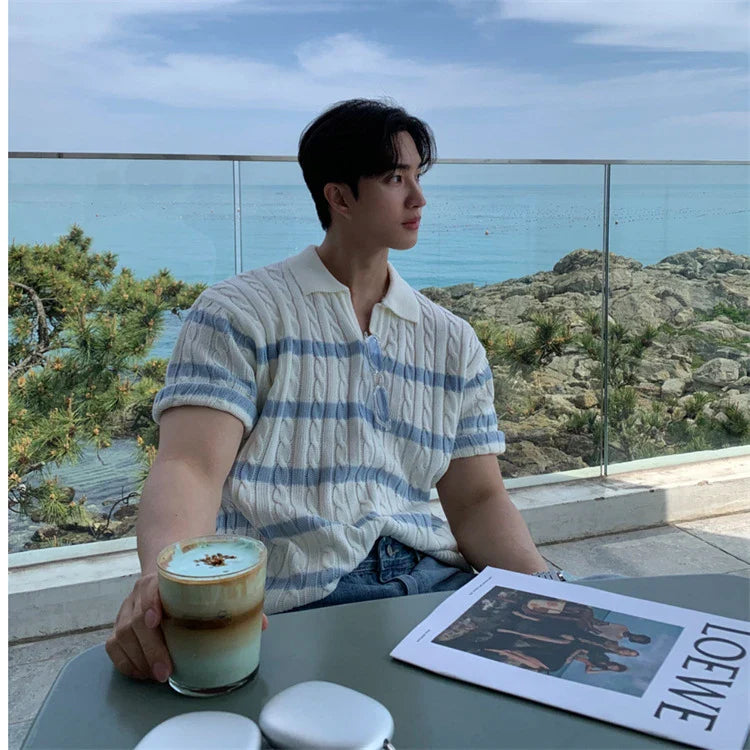 Elegant Y-shaped lapel striped sweater in ivory color with relaxed fit and vertical stripe pattern