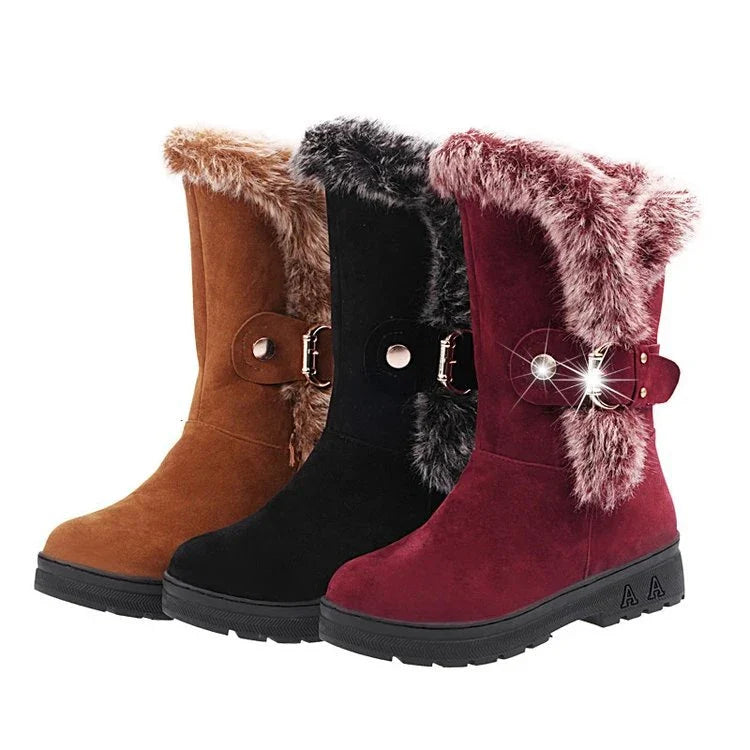 Women's winter snow boots in black, brown, and wine red colors with flocking upper material, wedge heel, and buckle closure