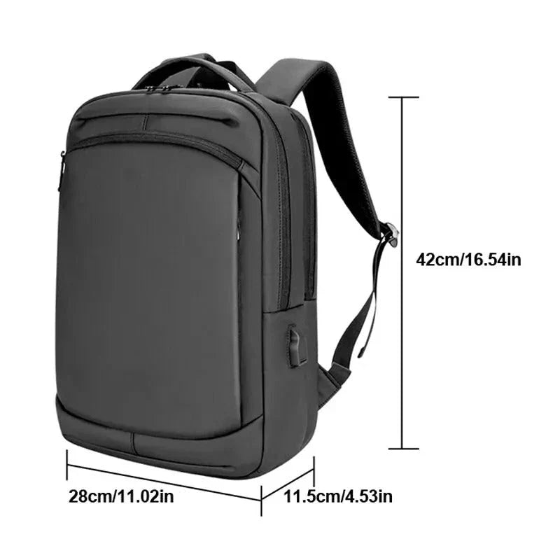16.5 inch high-capacity travel and school backpack in black, featuring durable nylon construction, ergonomic design, and multiple storage compartments