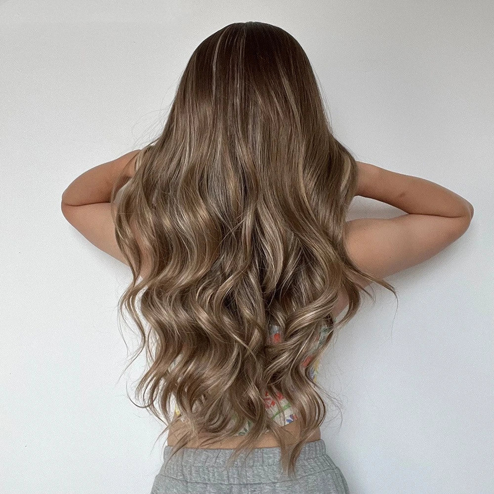 Luxurious gradient gray and brown long curly wig made with domestic silk fibers, suitable for any face shape and skin tone