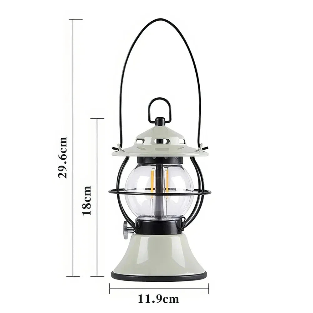 Rechargeable LED Retro Camping Lantern with adjustable light modes, 200-hour runtime, and built-in power bank for outdoor adventures