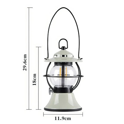 Rechargeable LED Retro Camping Lantern with adjustable light modes, 200-hour runtime, and built-in power bank for outdoor adventures