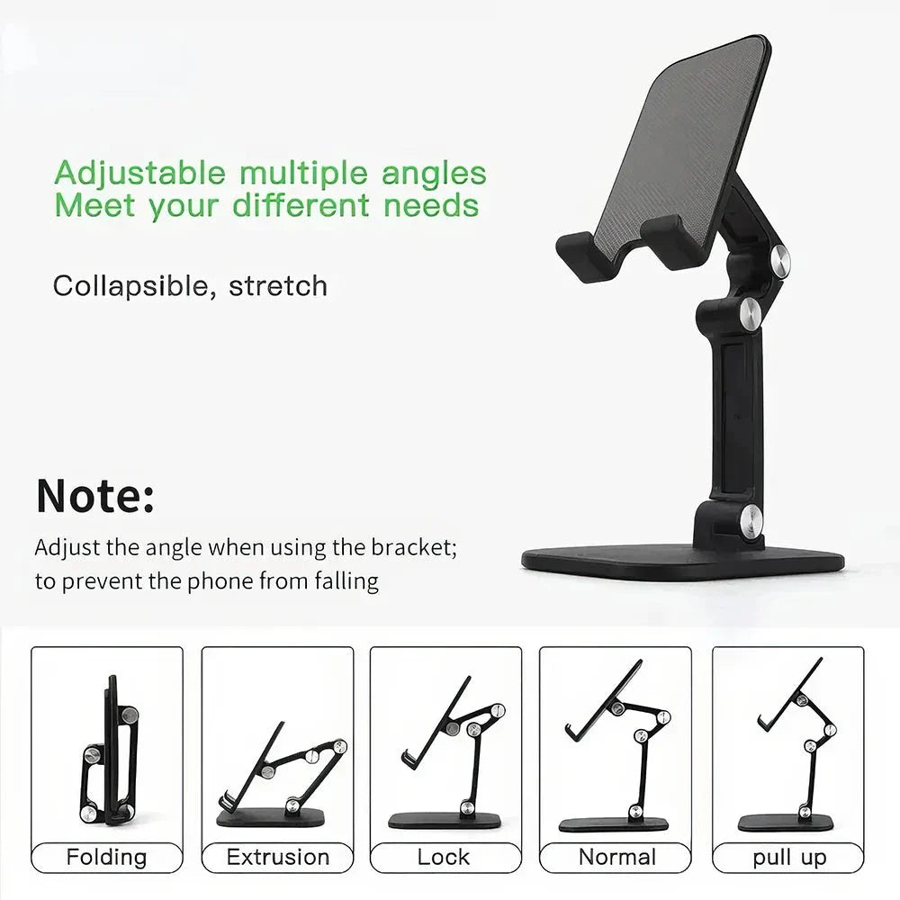 Adjustable and foldable desk phone holder with three-section design, providing hands-free convenience for mobile devices