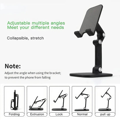 Adjustable and foldable desk phone holder with three-section design, providing hands-free convenience for mobile devices