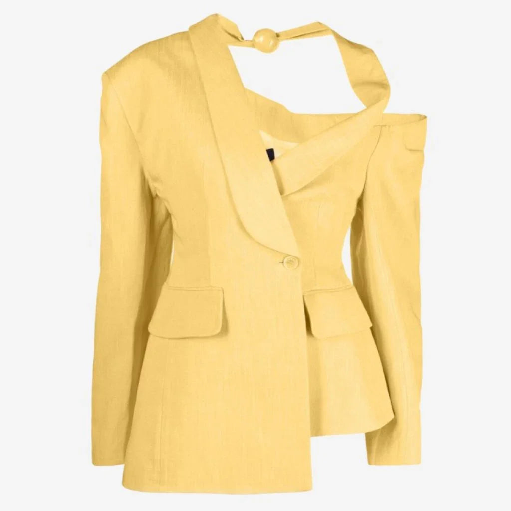 Chic and versatile women's blazer with oblique shoulder, long sleeves, and hollow-out details for a modern, sophisticated look