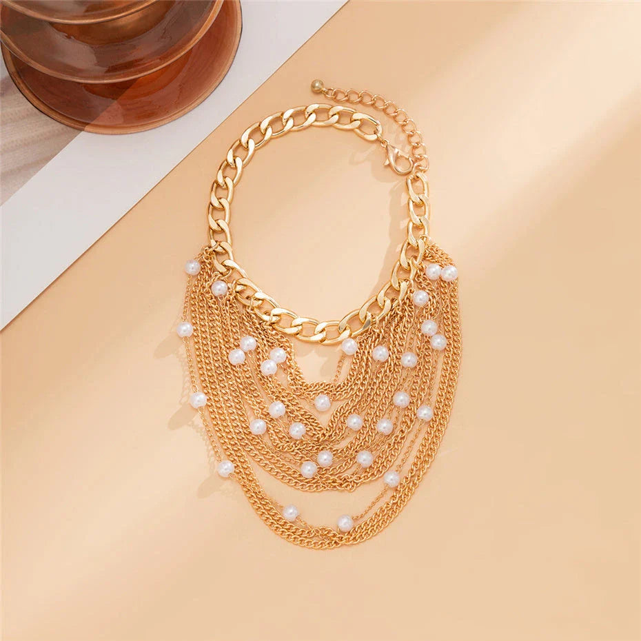 Elegant Boho Chic Tassel Pearl Anklet for Women in Gold, a glamorous accessory that enhances any outfit