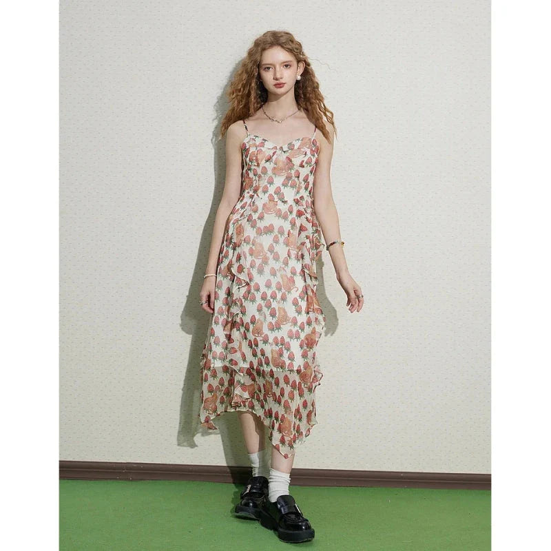 Elegant French floral midi dress with V-neck and spaghetti straps for a sophisticated, versatile look