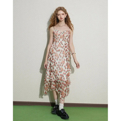 Elegant French floral midi dress with V-neck and spaghetti straps for a sophisticated, versatile look