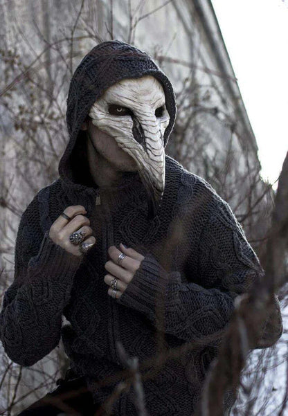 A chilling white latex plague doctor beak mask with a bone-colored finish, perfect for Halloween costumes and Gothic-inspired outfits.