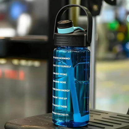 A large capacity sports water bottle with a straw lid and time stamps, designed for ultimate hydration and convenience.