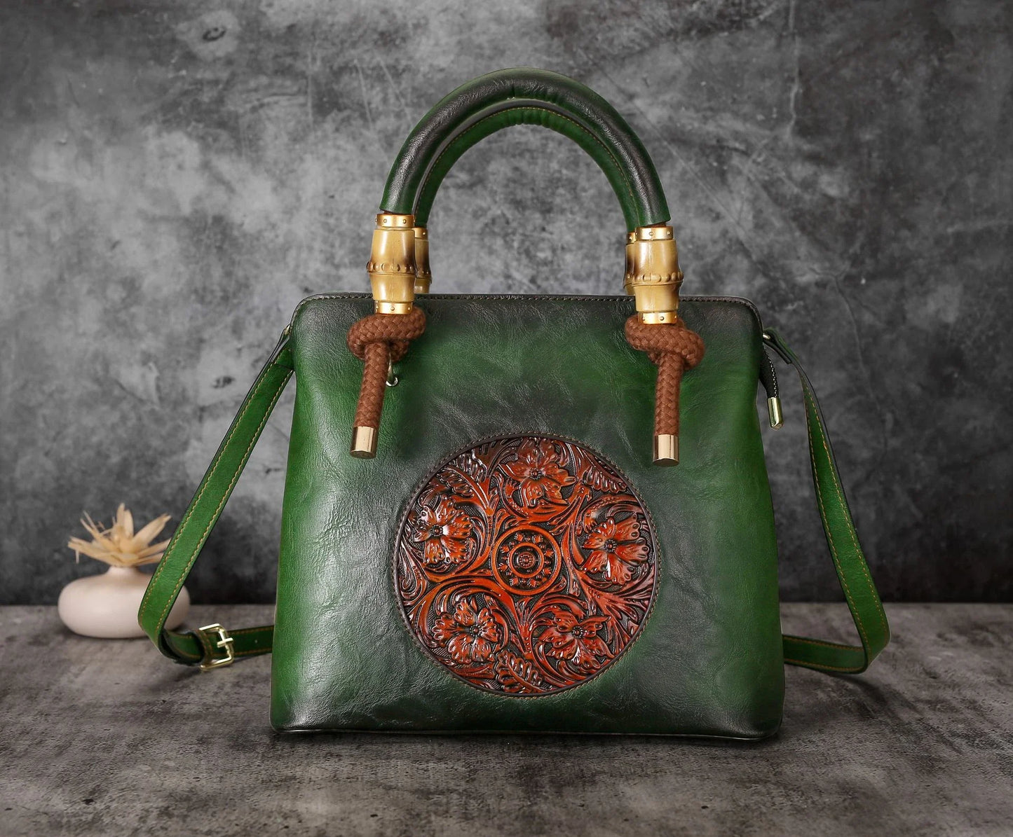 Bamboo shoulder bag with a roomy interior, multiple pockets, and a retro-inspired design for everyday use