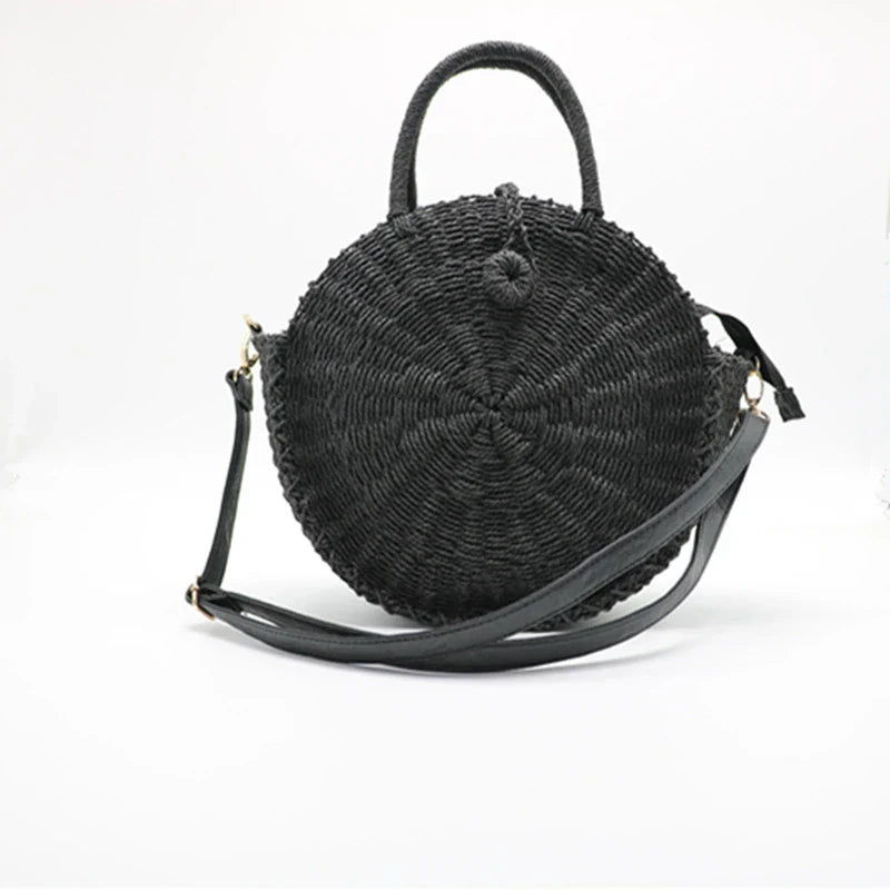 Stylish round straw woven handbag with zipper closure and comfortable carrying handle