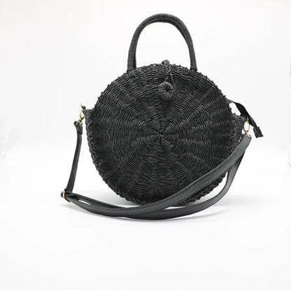 Stylish round straw woven handbag with zipper closure and comfortable carrying handle