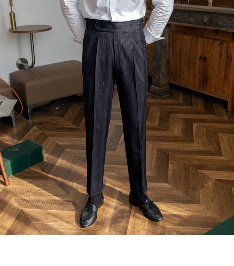 Men's premium Italian straight leg pants with gold and silver striped pattern, high-waisted design, and durable construction
