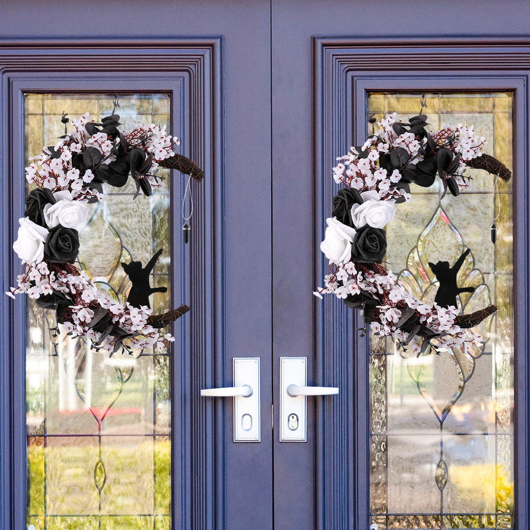Halloween White Flower Black Rose Dried Wood Moon Cat Garland Ornaments