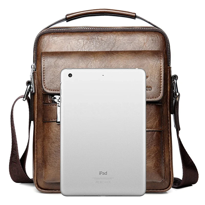 Fashionable casual men's Korean-style satchel bag made of premium PU leather with multiple compartments and adjustable strap