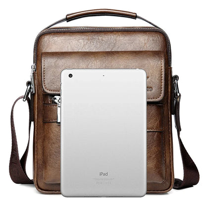Fashionable casual men's Korean-style satchel bag made of premium PU leather with multiple compartments and adjustable strap
