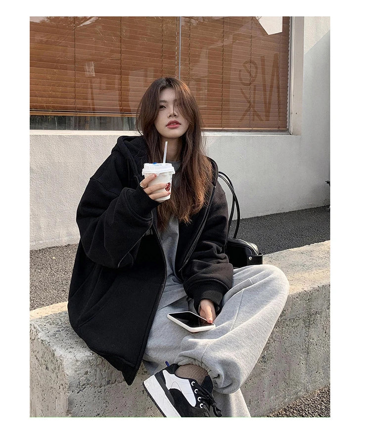 Premium hooded cardigan sweater for women in white grey and black colors, featuring a plush and thickened polyester fabric design