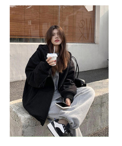 Premium hooded cardigan sweater for women in white grey and black colors, featuring a plush and thickened polyester fabric design