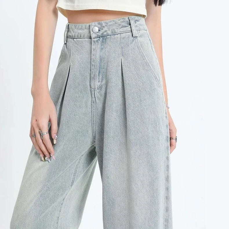 Vintage high-waist straight leg women's jeans in premium stripe fabric with decorative buttons and pockets