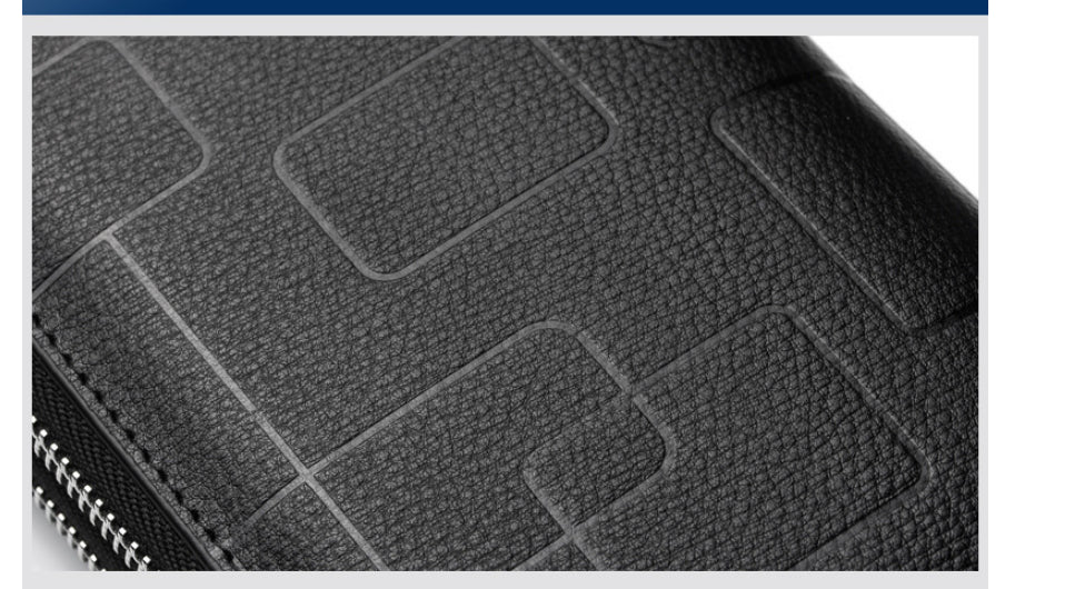 Premium genuine leather men's wallet with long zipper, card slots, and banknote clip for organized everyday carry