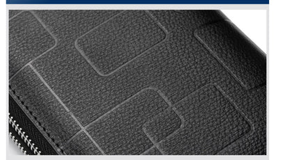 Premium genuine leather men's wallet with long zipper, card slots, and banknote clip for organized everyday carry