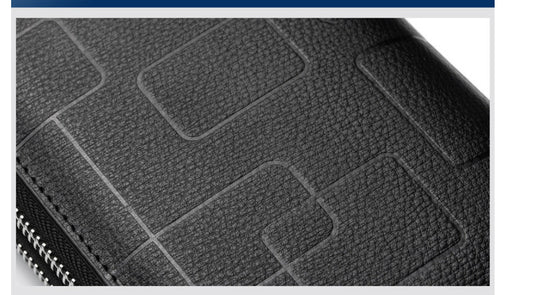 Premium genuine leather men's wallet with long zipper, card slots, and banknote clip for organized everyday carry