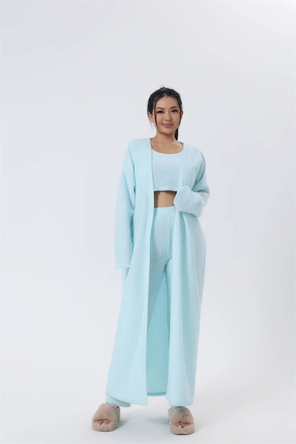 Cozy 3-piece loungewear set in pastel colors including crop top, wide-leg pants, and matching cardigan