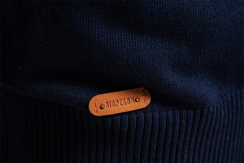 Cozy autumn and winter half-zip sweater in green, dark blue, khaki, and light gray colors