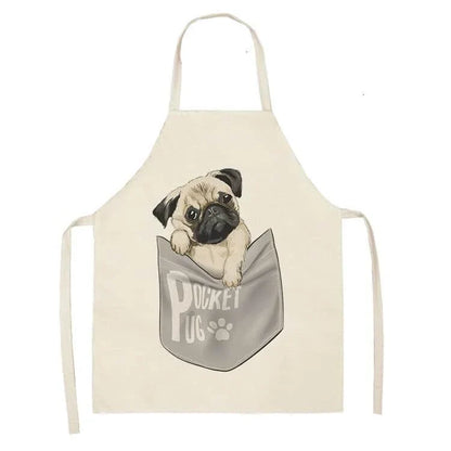 Charming pug-themed apron with a vibrant print, made of durable cotton and linen materials for practical kitchen use.