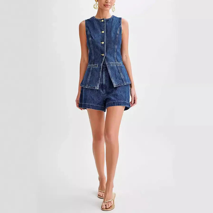 Sleeveless denim button-up top and high-waisted shorts set for women's summer fashion
