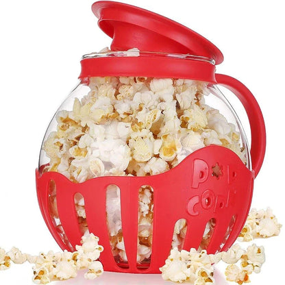 Microwave glass popcorn popper with red silicone lid, ready to make fresh, healthy popcorn