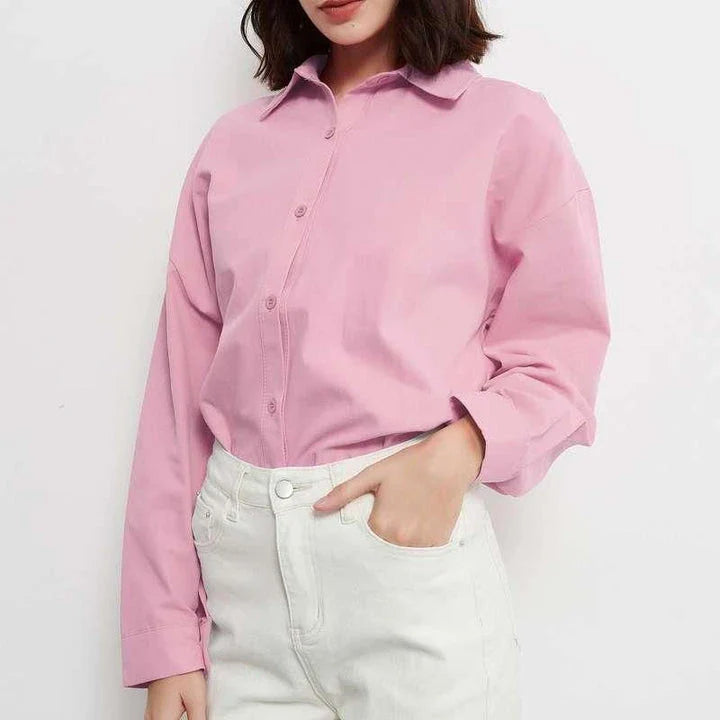 Autumn Rose Red Oversized Casual Blouse with classic turn-down collar and two-button closure