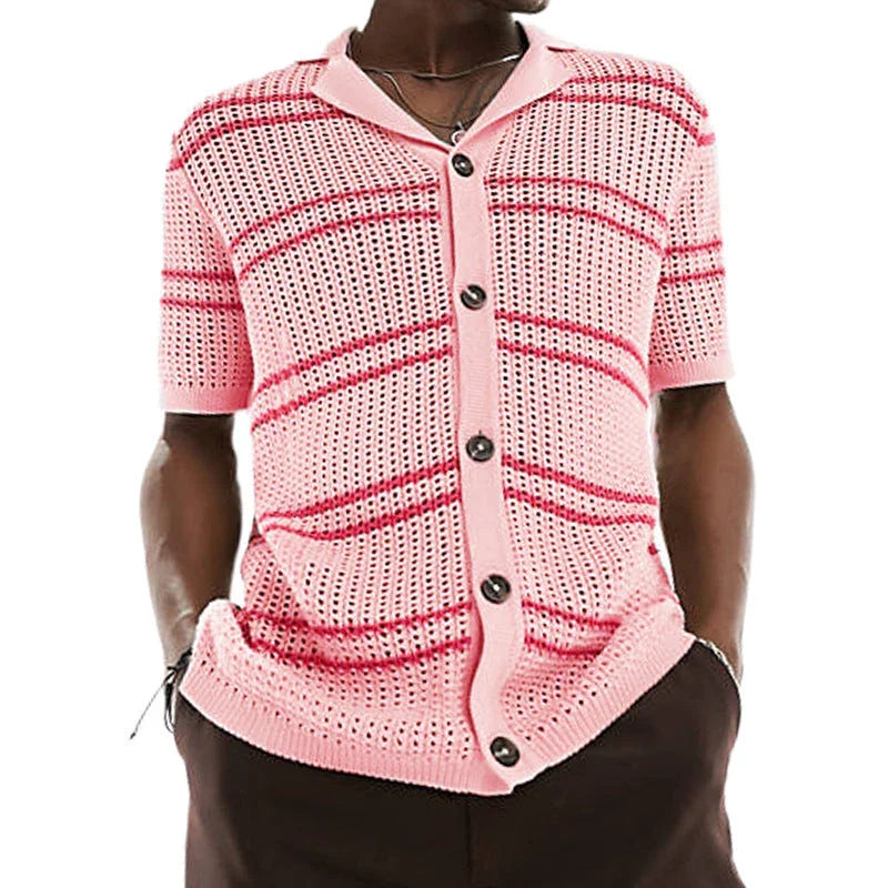 A classic men's knit cardigan with a stylish short-sleeve design, perfect for casual summer wear