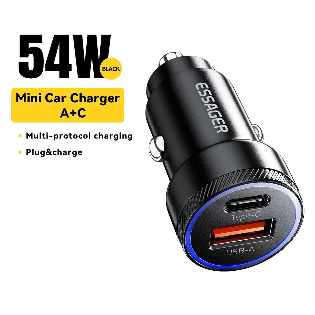 54W USB-C and USB Car Charger with Hyper-Speed Charging for smartphones, tablets, and other USB-powered devices