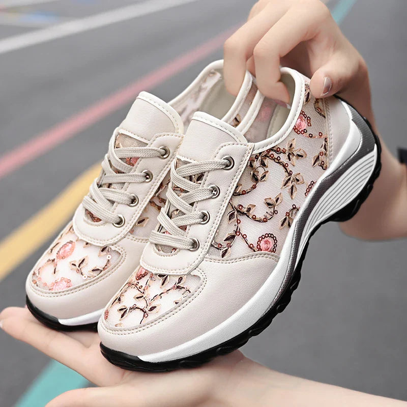 Women's Korean-style embroidered sneakers with breathable mesh upper and rubber sole