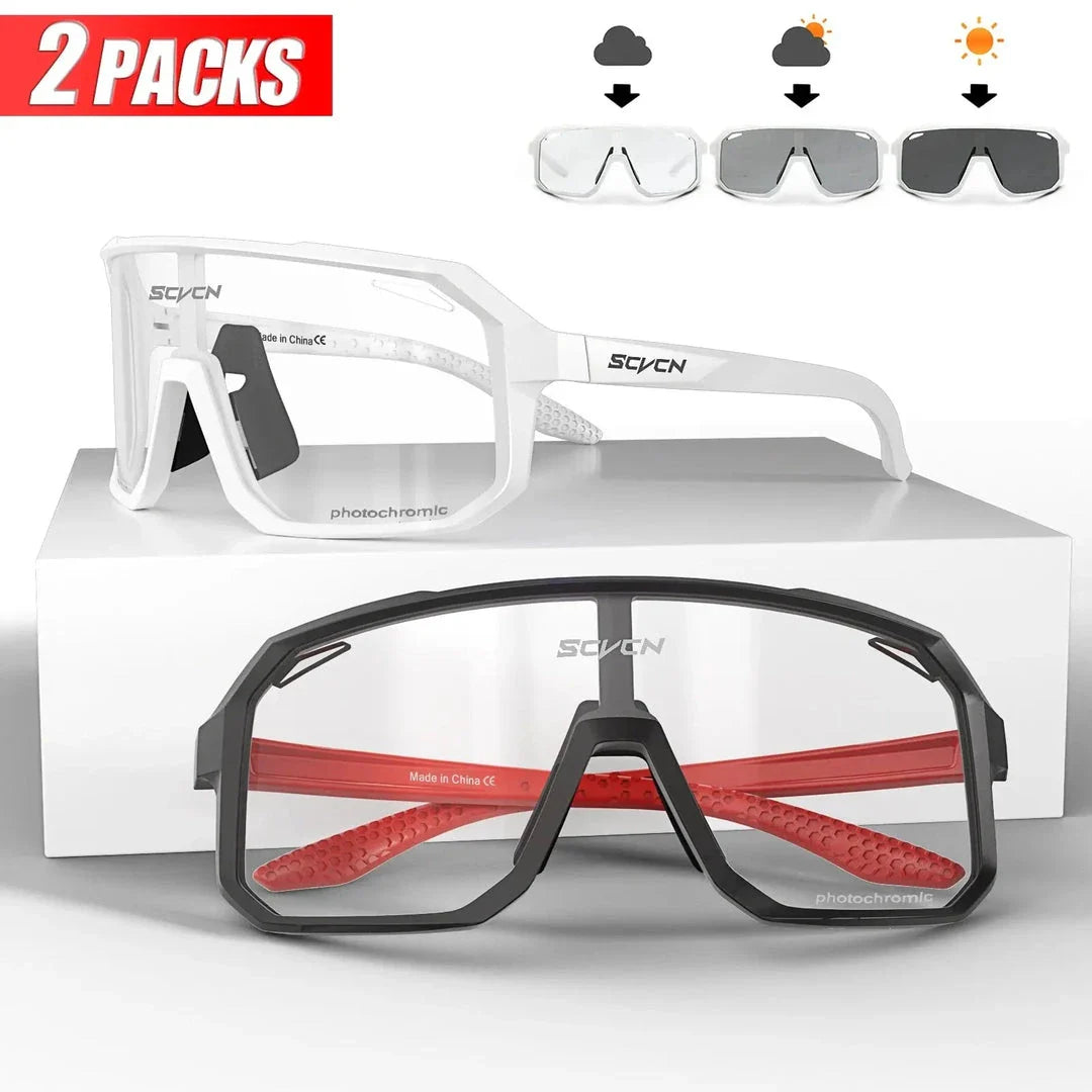 Pair of adjustable, photochromic cycling sunglasses with UV400 protection, suitable for outdoor activities and sports