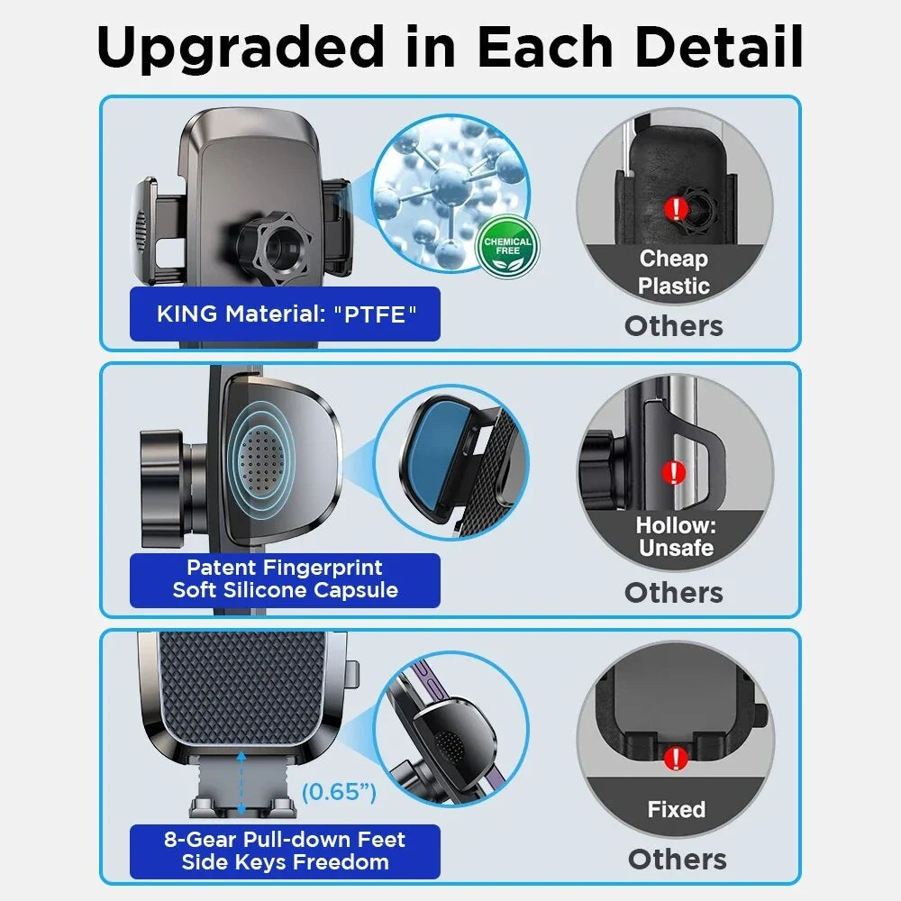 360-degree rotating car phone holder with flexible arm and universal smartphone compatibility