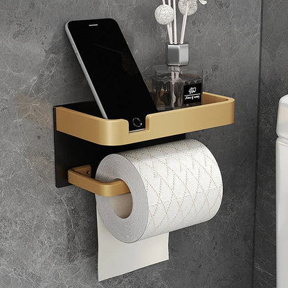 Black and gold aluminum bathroom paper holder with a convenient phone shelf, a stylish and functional accessory for modern bathrooms.