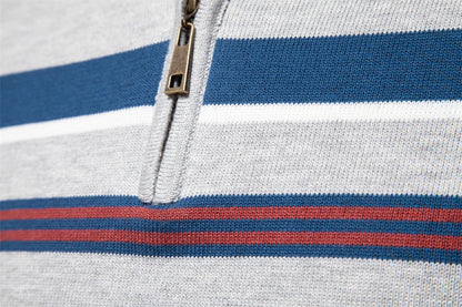 Cozy autumn and winter half-zip sweater in green, dark blue, khaki, and light gray colors