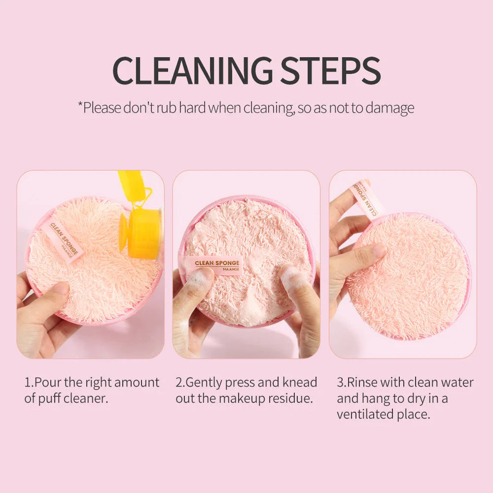 Premium 3-Piece Reusable Makeup Removal Sponge Set in pink color with various shaped microfiber suede pads and storage box