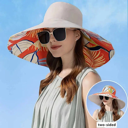 Fashionable Large Brim Women's Sun Hat in Beige with Reversible Floral Print Design