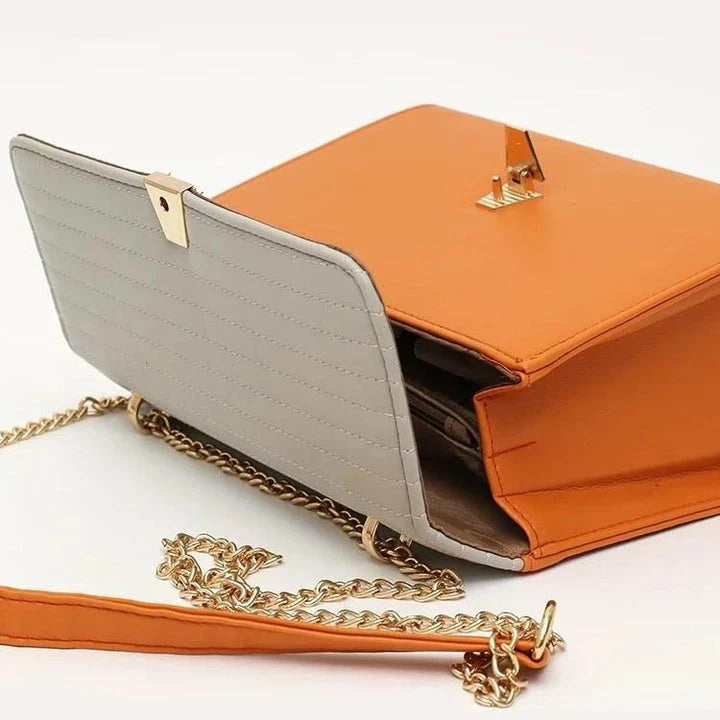 Color Block Quilted Vegan Leather Fashion Shoulder Bag in Orange with Decorative Lock and Chain Detail