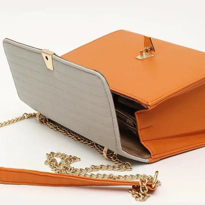 Color Block Quilted Vegan Leather Fashion Shoulder Bag in Orange with Decorative Lock and Chain Detail