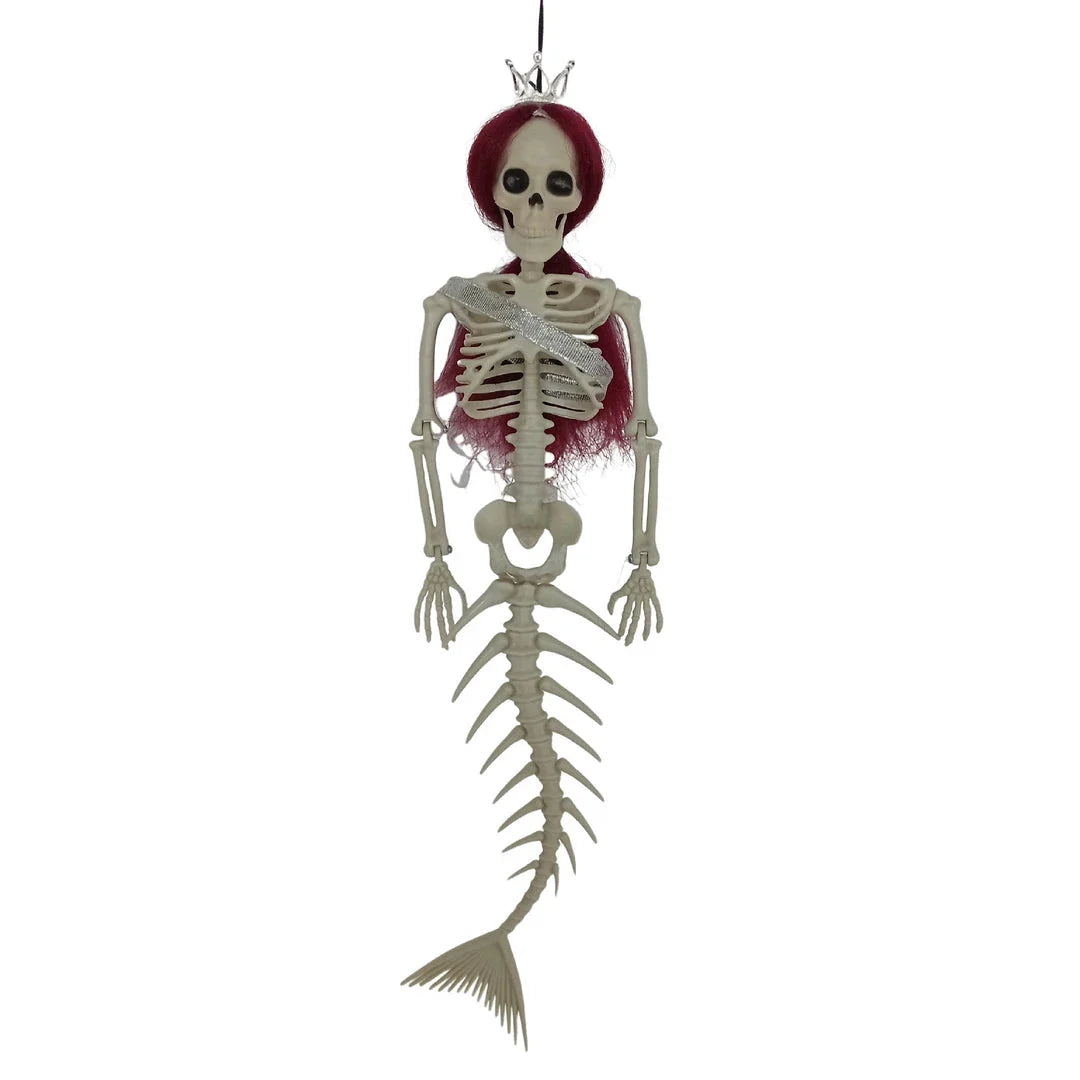 Mermaid bone pendant in various colors, including brown, dark purple, burgundy, and lake blue, hanging outdoors for Halloween decoration