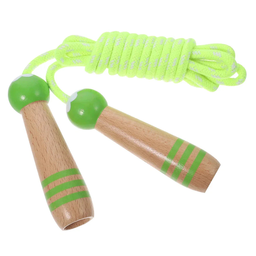 Adjustable Wooden Skipping Rope with Cartoon Characters for Kids in Blue, Green, and Pink Colors