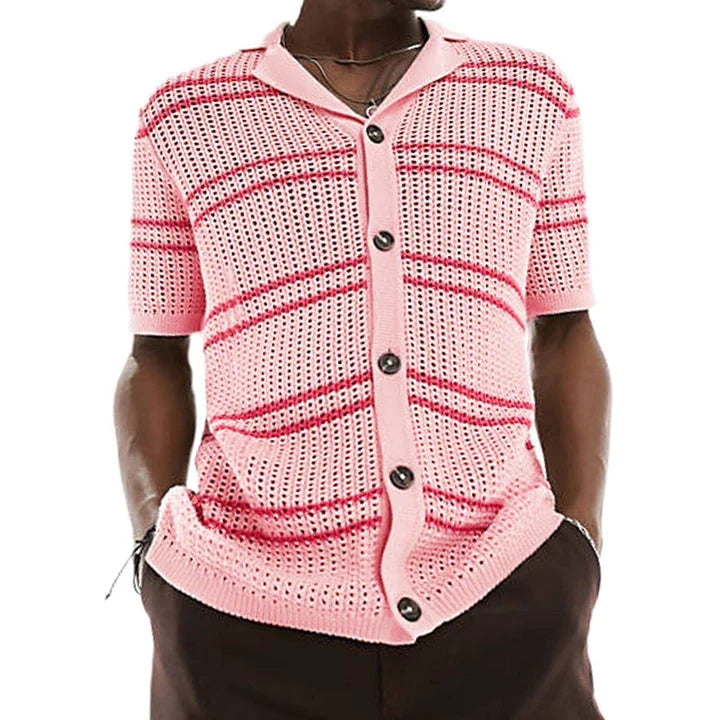 A classic men's knit cardigan with a stylish short-sleeve design, perfect for casual summer wear