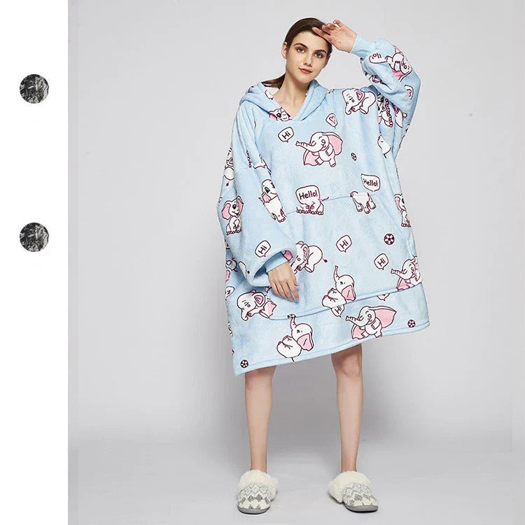 Large flannel pajamas in blue, pink, and elephant print pattern for cozy casual home comfort