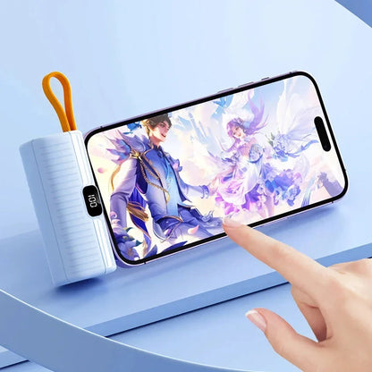 A compact, dual-port 30,000mAh power bank with built-in charging cables and fast charging capabilities.